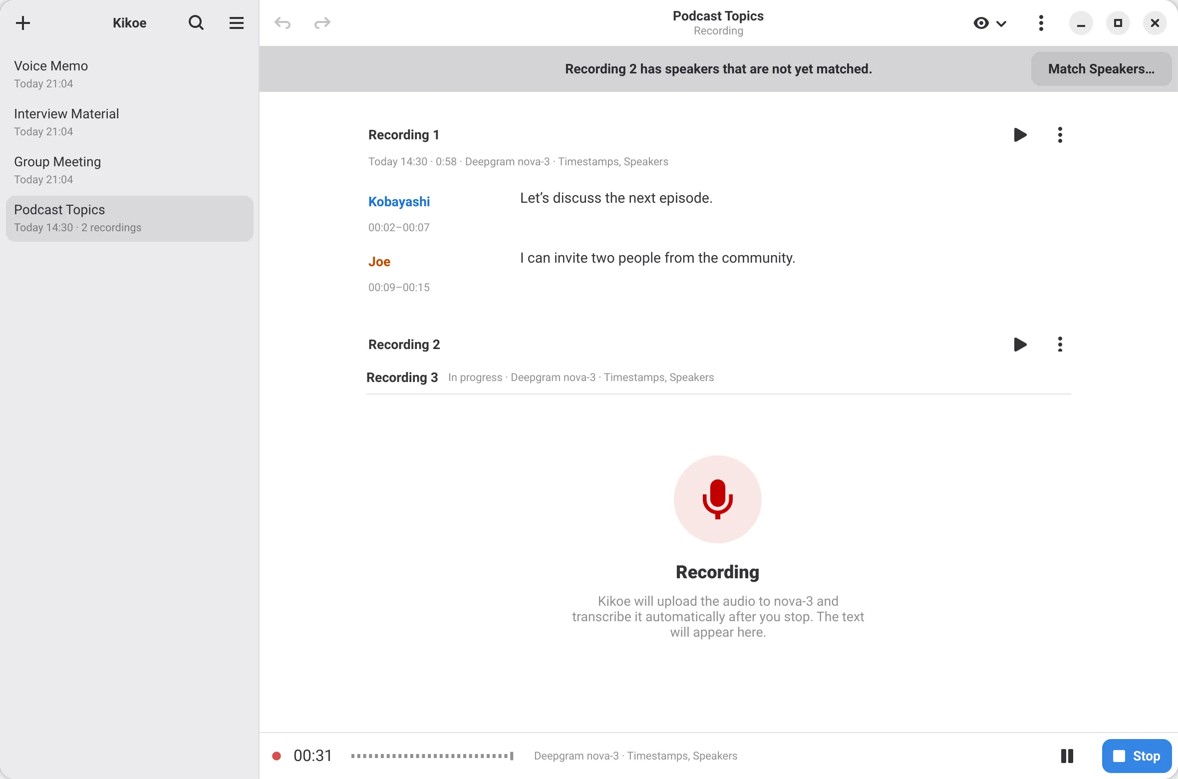 A note recording in progress with a speaker-matching prompt