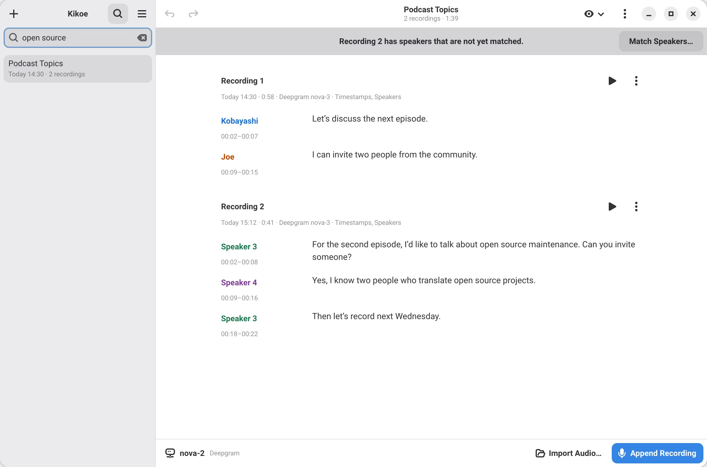 Searching notes by title and transcript