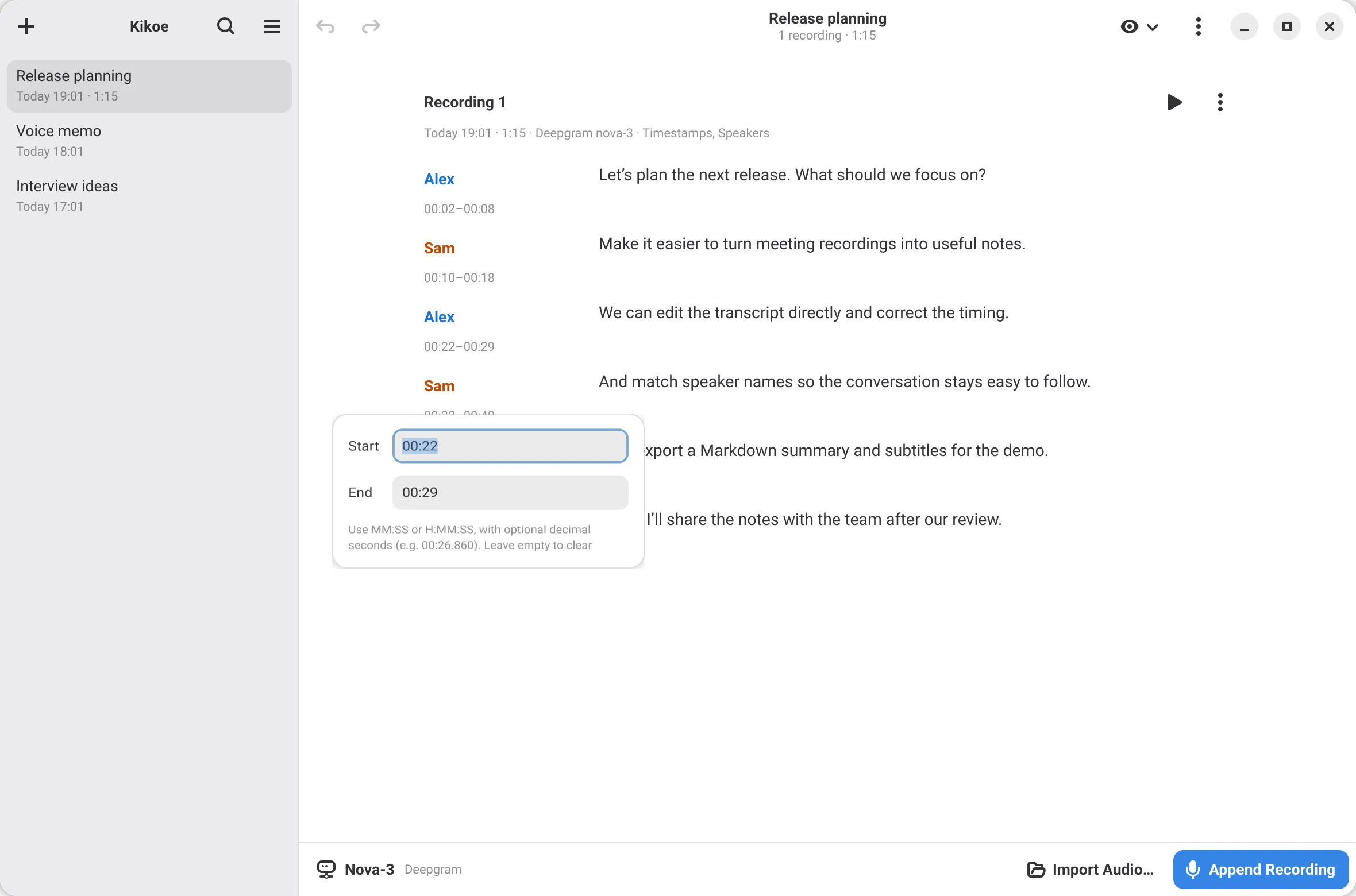 Timestamp editor beside the transcript